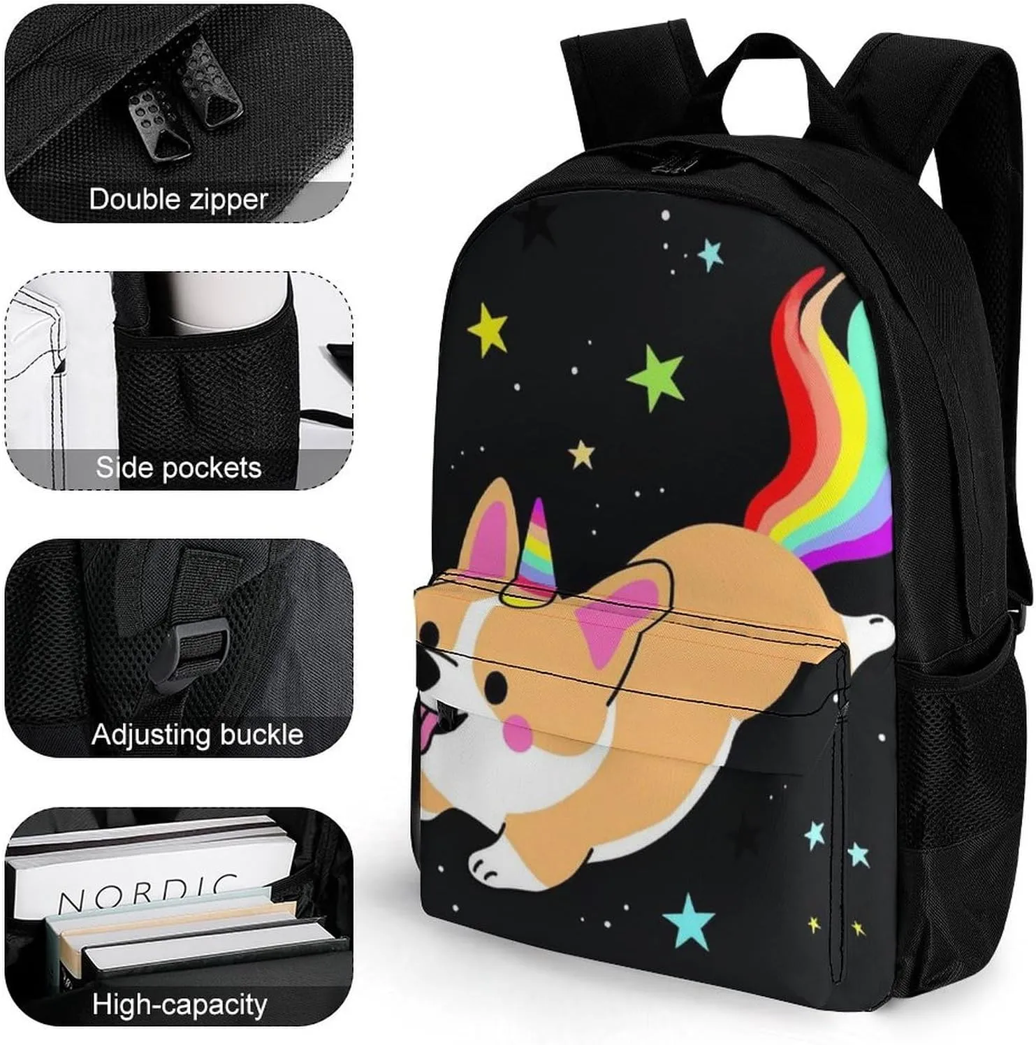 Galaxy Space Rainbow Unicorn Corgi Dog Black Art Rucksacks Lightweight Multipurpose Anti-Theft Shoulder Bag Big Capacity Traveling & Camping Backpack With Side Pockets