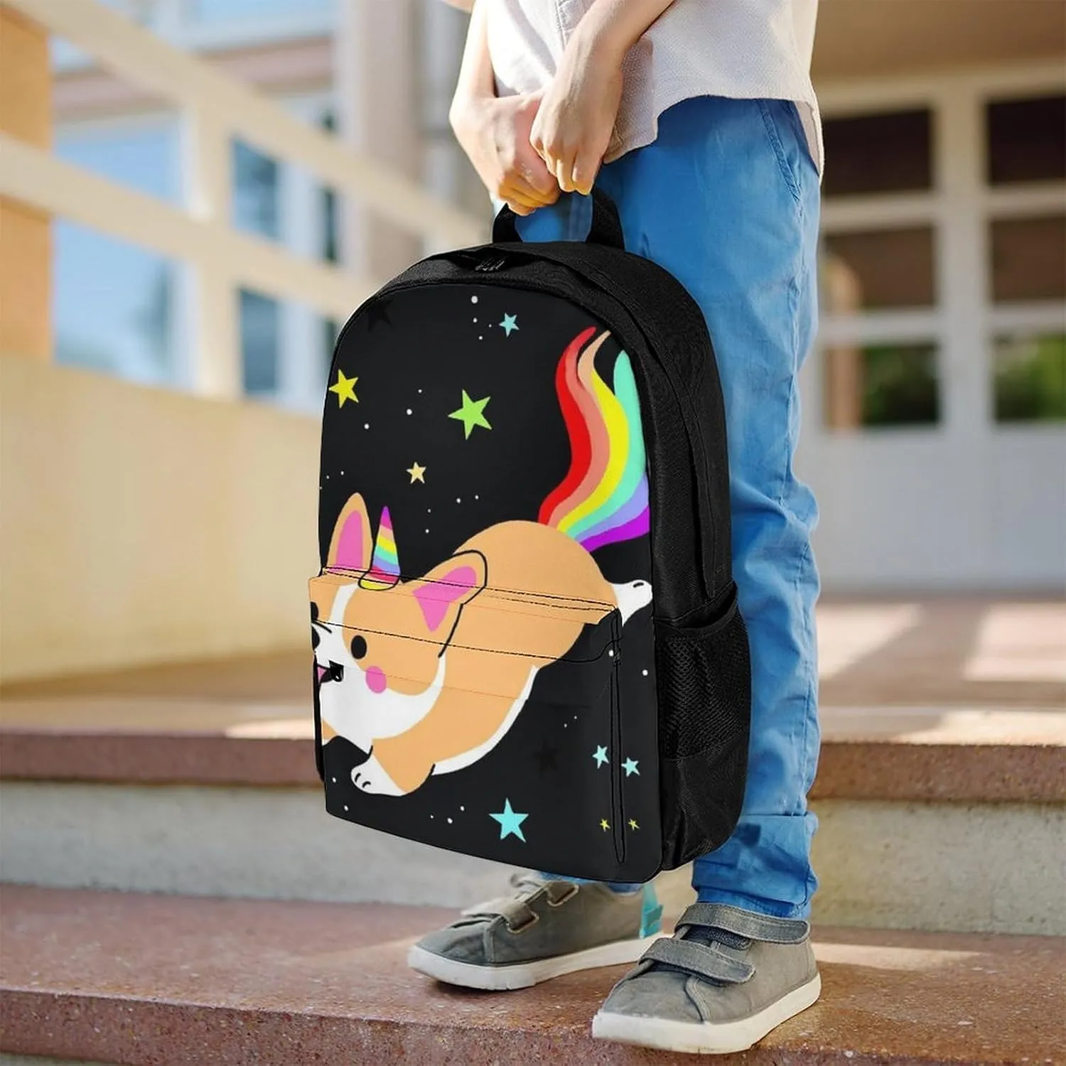 Galaxy Space Rainbow Unicorn Corgi Dog Black Art Rucksacks Lightweight Multipurpose Anti-Theft Shoulder Bag Big Capacity Traveling & Camping Backpack With Side Pockets