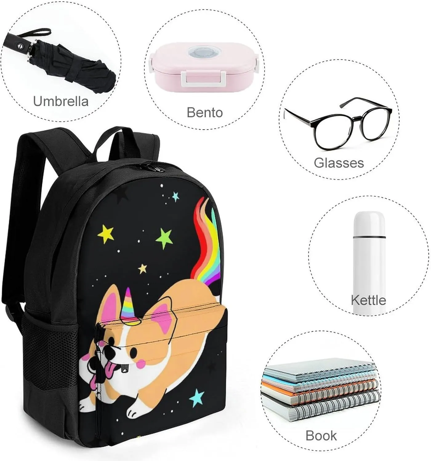 Galaxy Space Rainbow Unicorn Corgi Dog Black Art Rucksacks Lightweight Multipurpose Anti-Theft Shoulder Bag Big Capacity Traveling & Camping Backpack With Side Pockets