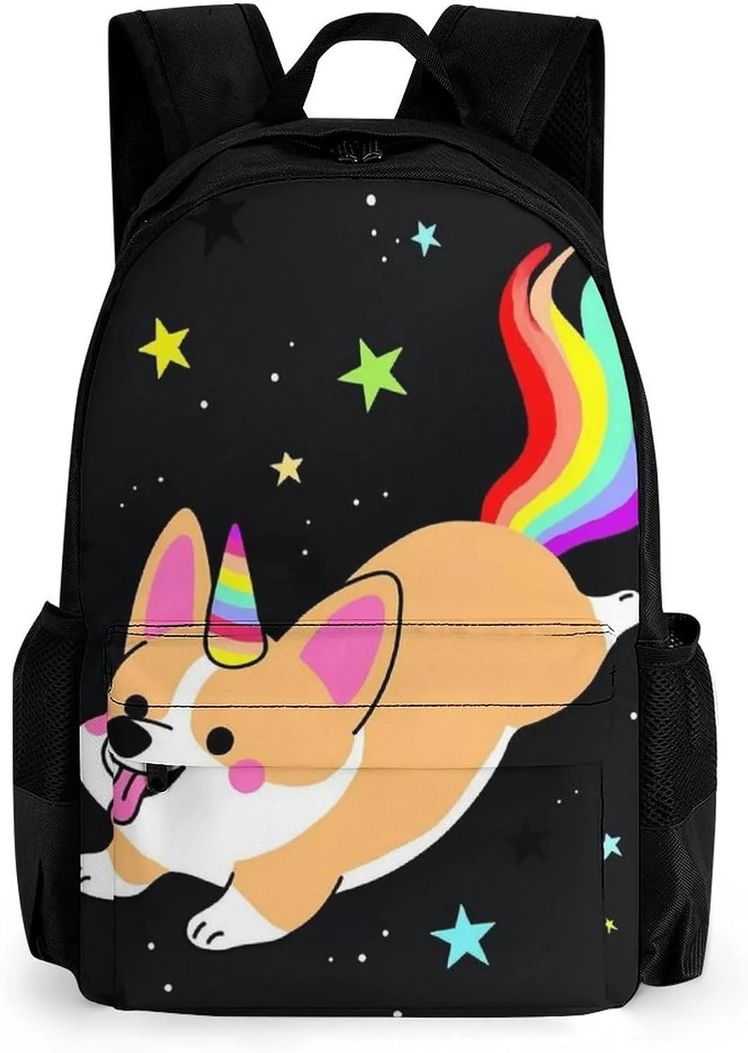 Galaxy Space Rainbow Unicorn Corgi Dog Black Art Rucksacks Lightweight Multipurpose Anti-Theft Shoulder Bag Big Capacity Traveling & Camping Backpack With Side Pockets