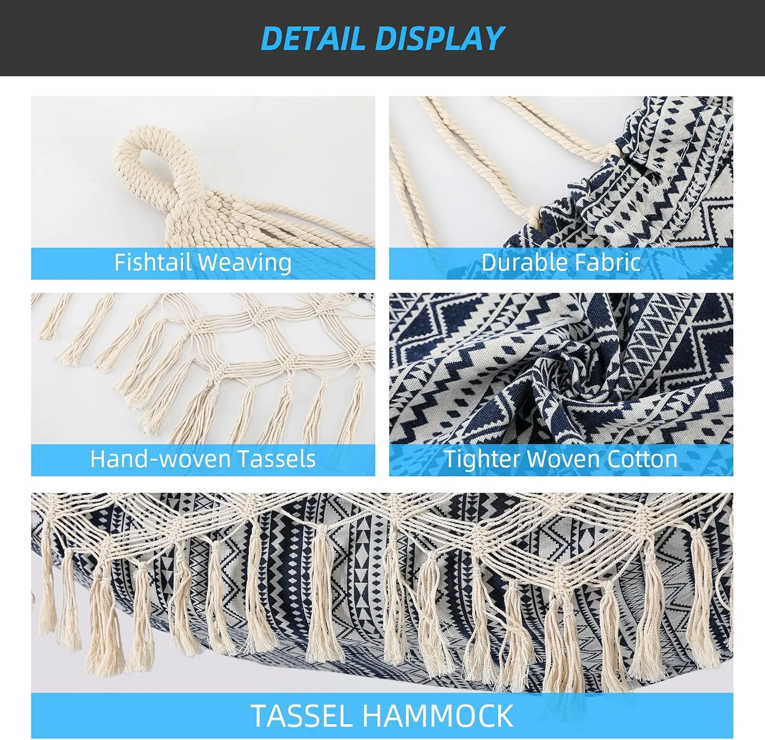 Garden Hammock with Tassels,2 Persons Indoor Hammocks with Portable Carry Bag Deluxe Macrame Fringe for Patio,Porch,Backyard,Beach,Outdoor and Inside Cotton Fabric, Up to 450Lbs (Blue-White)