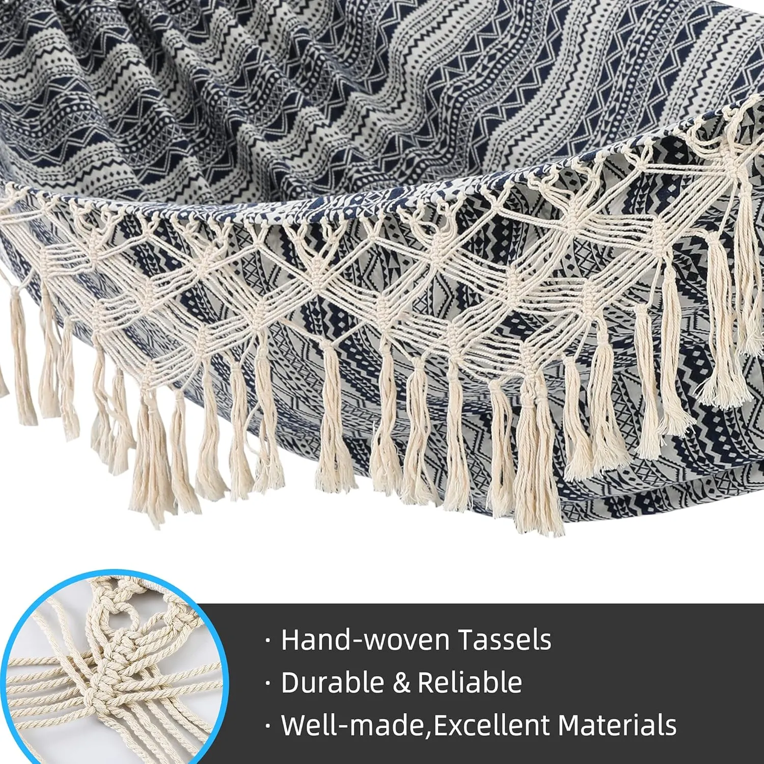 Garden Hammock with Tassels,2 Persons Indoor Hammocks with Portable Carry Bag Deluxe Macrame Fringe for Patio,Porch,Backyard,Beach,Outdoor and Inside Cotton Fabric, Up to 450Lbs (Blue-White)