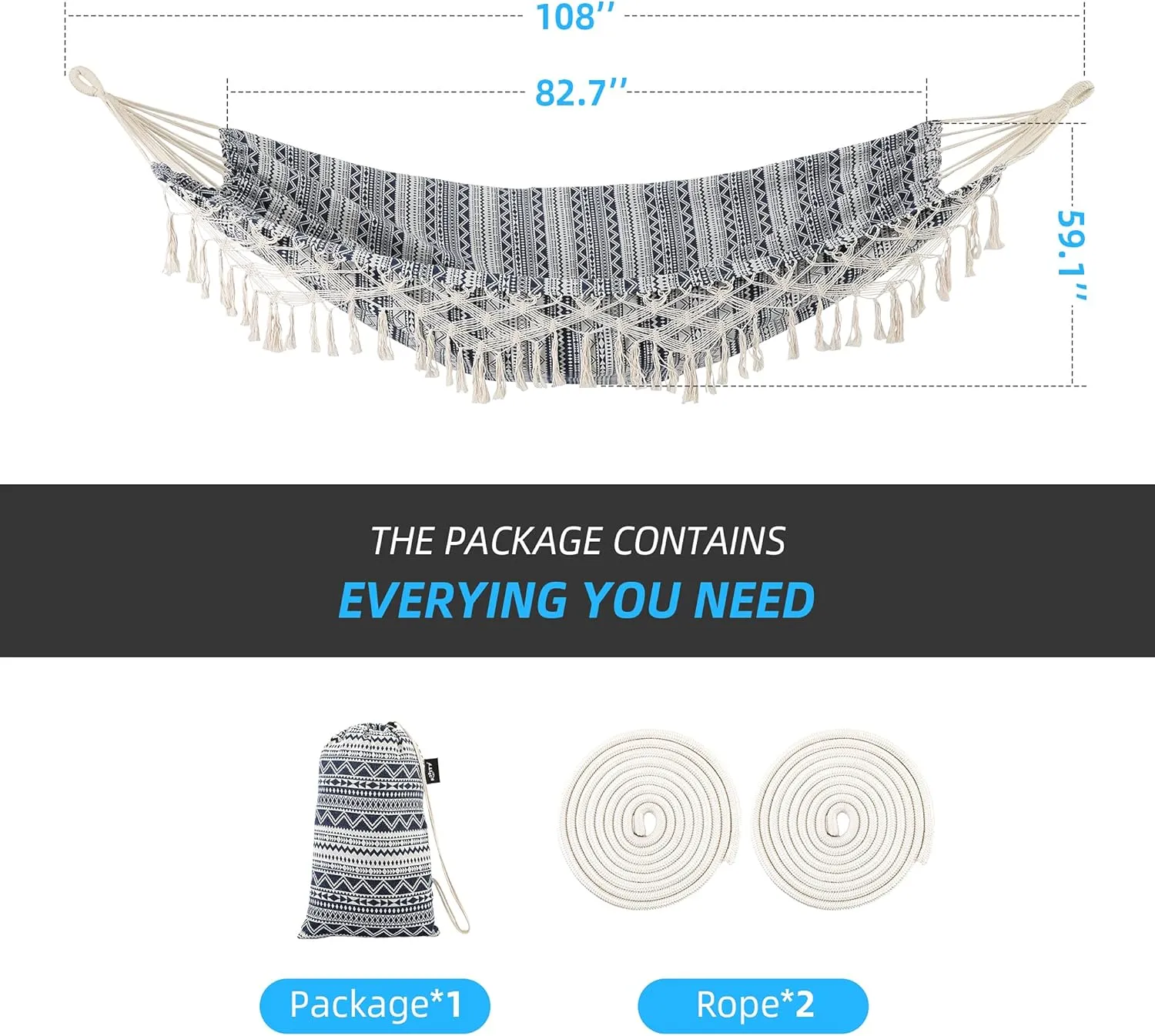 Garden Hammock with Tassels,2 Persons Indoor Hammocks with Portable Carry Bag Deluxe Macrame Fringe for Patio,Porch,Backyard,Beach,Outdoor and Inside Cotton Fabric, Up to 450Lbs (Blue-White)