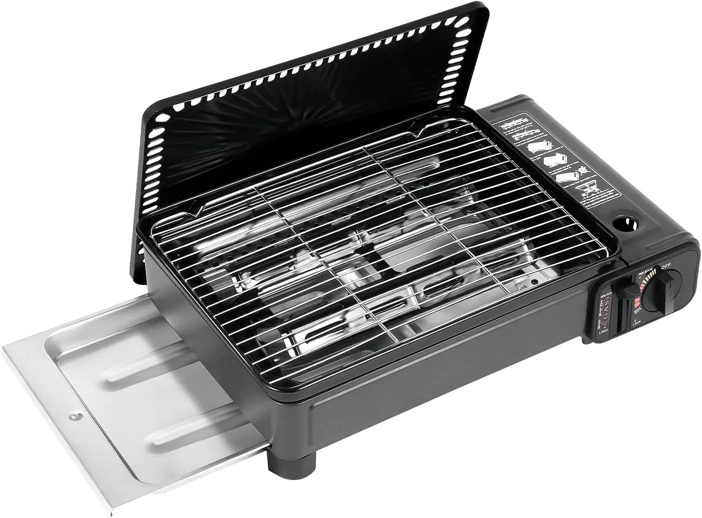 Gas Grill Stove with Butane Canister Lock, Portable Gas Grill Butane Stove, Tabletop BBQ Grill for Outdoor Cooking Camping, Adjustable Firepower, Over-pressure Protection, Grease-Catching Tray