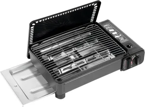 Gas Grill Stove with Butane Canister Lock, Portable Gas Grill Butane Stove, Tabletop BBQ Grill for Outdoor Cooking Camping, Adjustable Firepower, Over-pressure Protection, Grease-Catching Tray