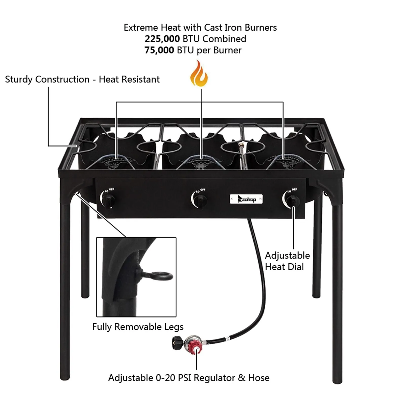 Gas Pressure Cooking Propane Stove Portable Camp Problem-solving Burner (Three 225000-BTU) Stock-clearance Burner Outdoor Iron Cast High Patio Cooker