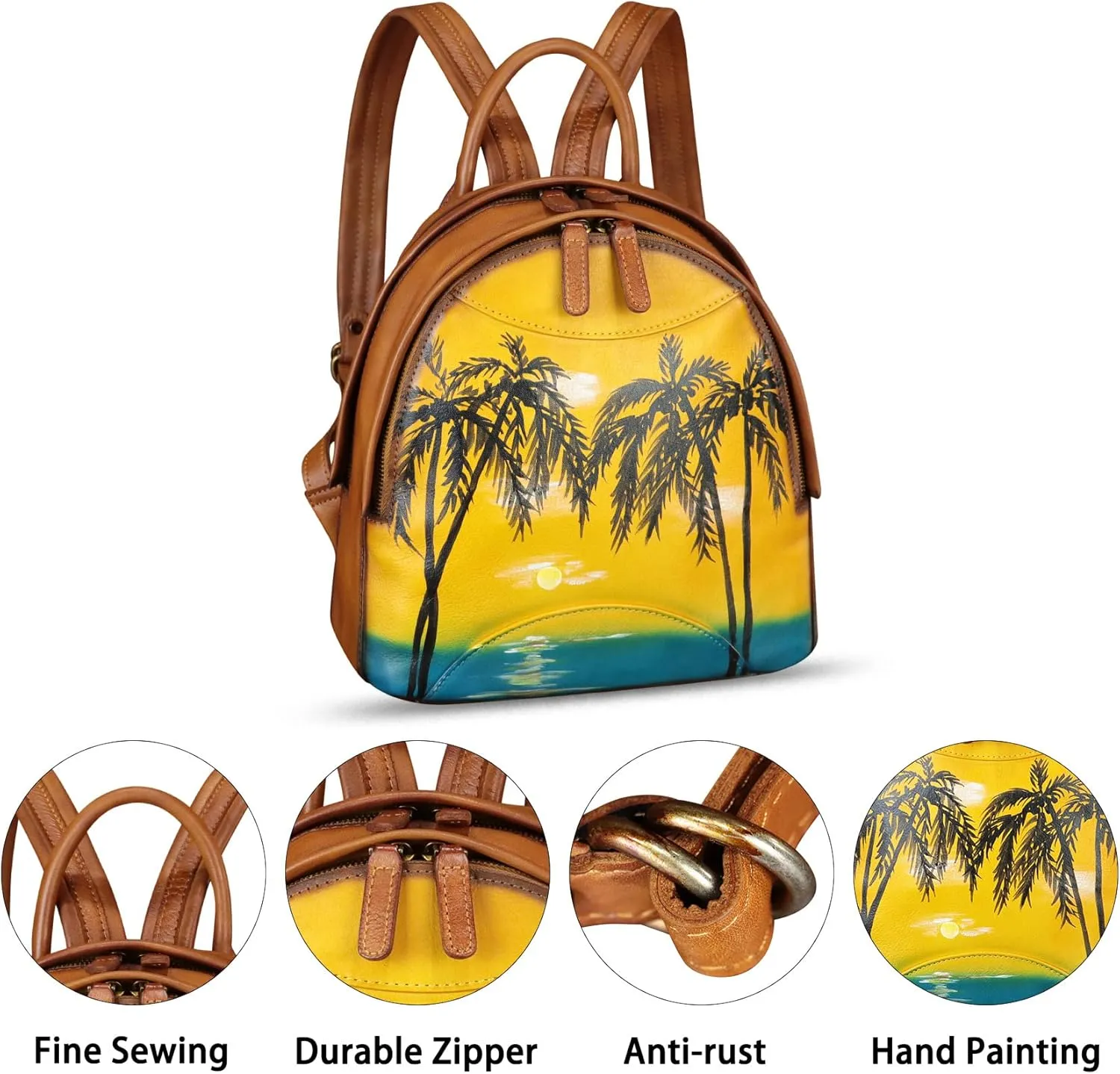 Genuine Leather Backpack for Women Hand Painted Purse Retro Leather Handmade College Knapsack Rucksack Casual Daypack (Pattern1)