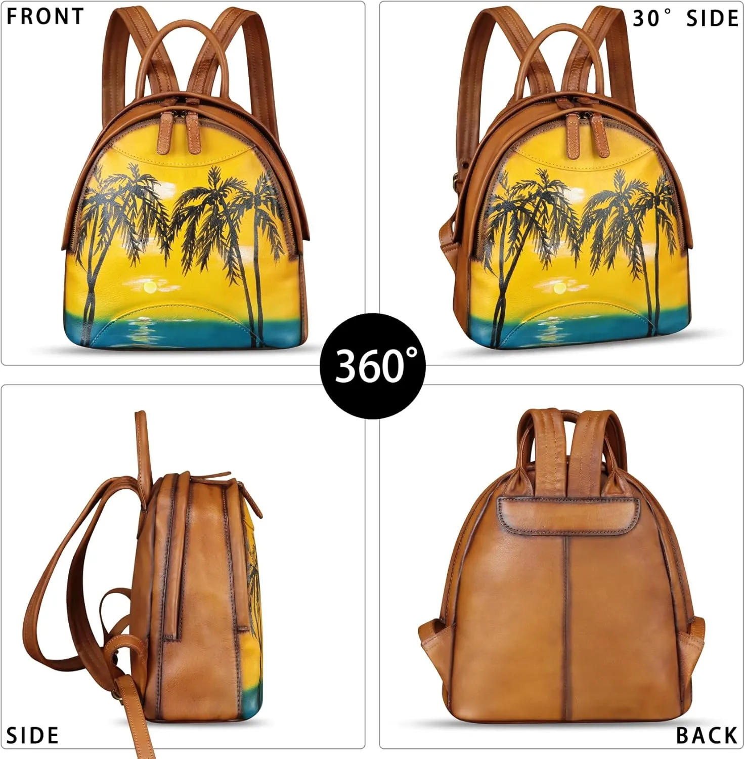 Genuine Leather Backpack for Women Hand Painted Purse Retro Leather Handmade College Knapsack Rucksack Casual Daypack (Pattern1)