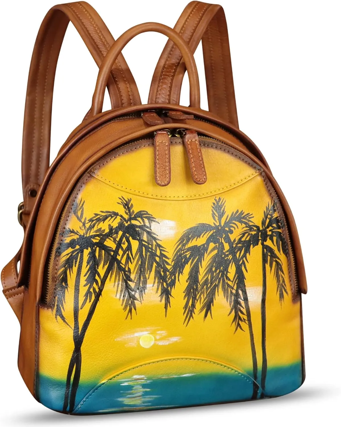 Genuine Leather Backpack for Women Hand Painted Purse Retro Leather Handmade College Knapsack Rucksack Casual Daypack (Pattern1)