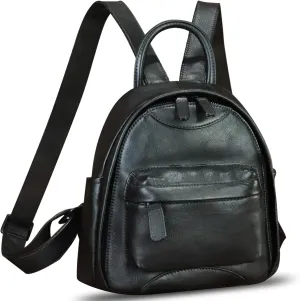 Genuine Leather Backpack for Women Purse Retro Handmade Rucksack Vintage Knapsack Back Bag Casual Daypack (Black)