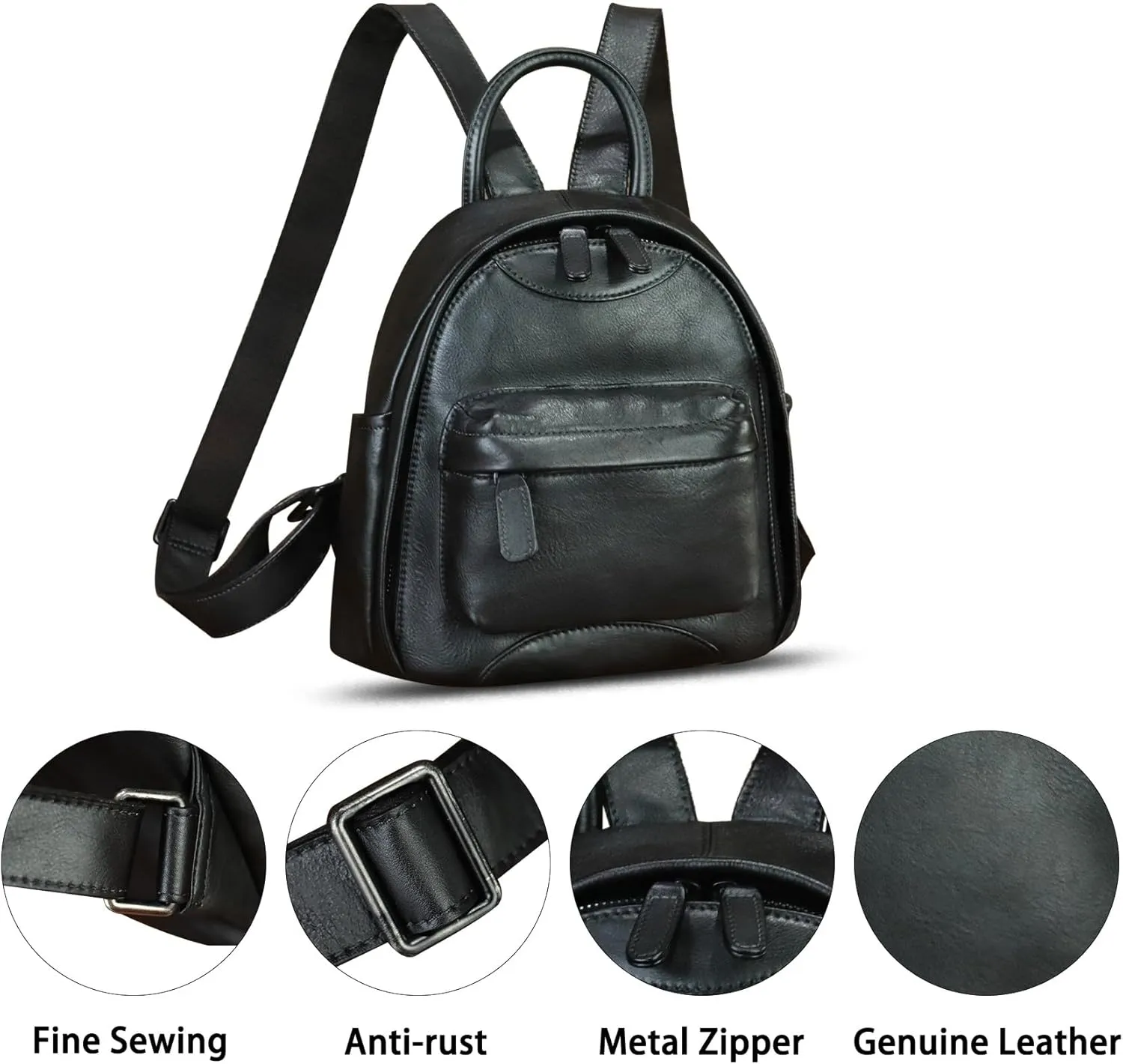 Genuine Leather Backpack for Women Purse Retro Handmade Rucksack Vintage Knapsack Back Bag Casual Daypack (Black)