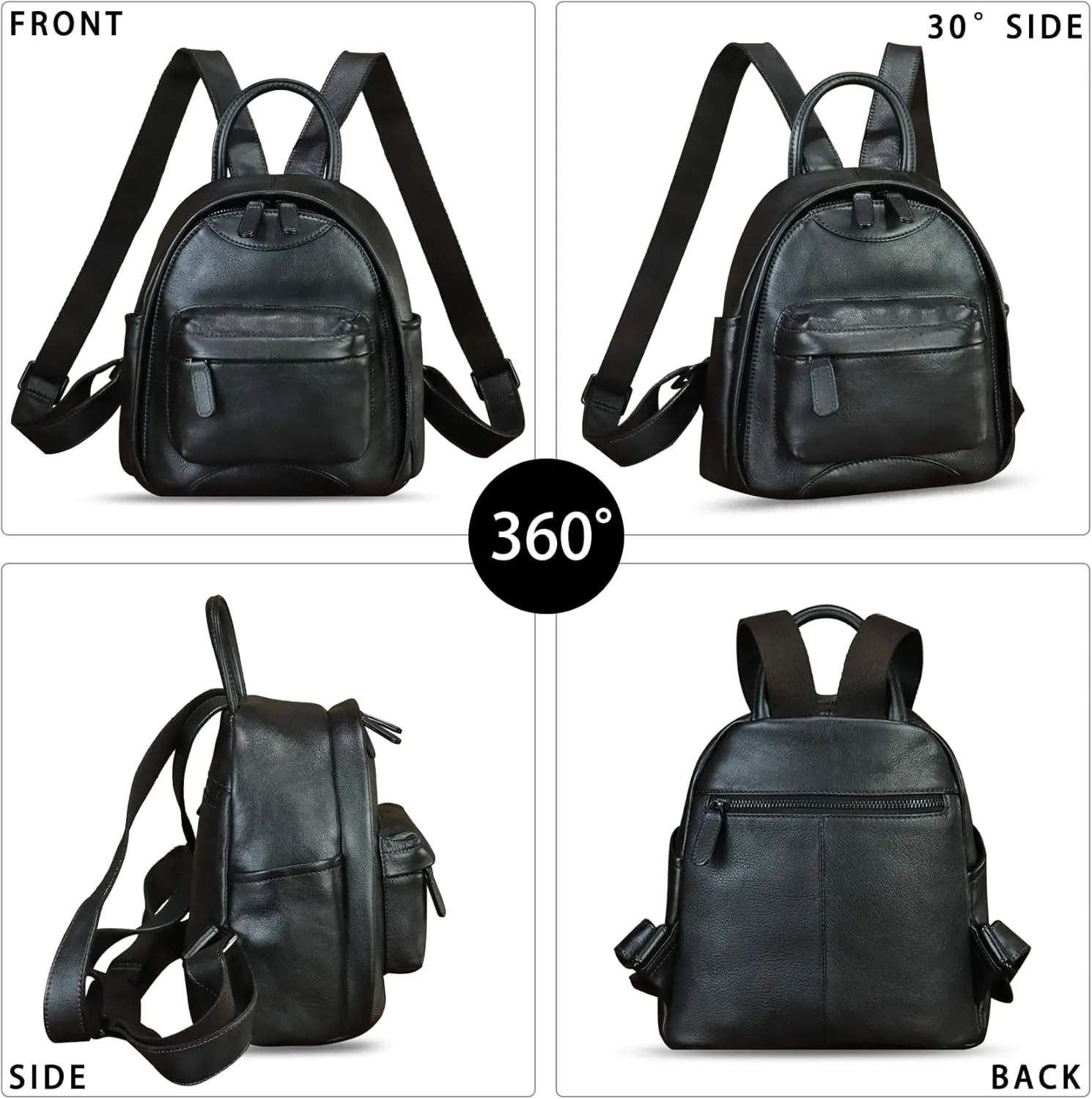Genuine Leather Backpack for Women Purse Retro Handmade Rucksack Vintage Knapsack Back Bag Casual Daypack (Black)