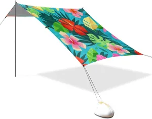 Geometric Abstract Flower Leaf Blue Summer Designed UPF50  Beach Tent Lightweight Sun Shade Includes Sand Shovel, Sandbags, Stability Poles for Family Travel paraguas de Playa