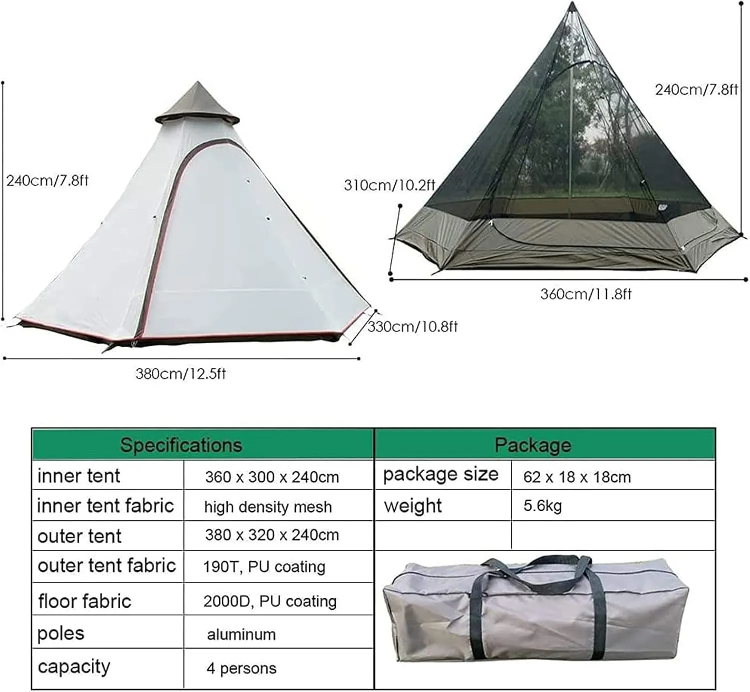 GeRRiT Tents for Camping 4 Person, Waterproof Pyramid Teepee Tent Adult Tent Waterproof Double Layers Indian Tent Yurt Tent Tower Post Bell Tent for Outdoor Family Trip Hello, 3, Green