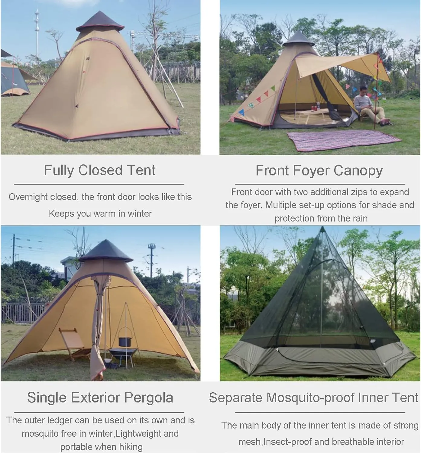 GeRRiT Tents for Camping 4 Person, Waterproof Pyramid Teepee Tent Adult Tent Waterproof Double Layers Indian Tent Yurt Tent Tower Post Bell Tent for Outdoor Family Trip Hello, 3, Green