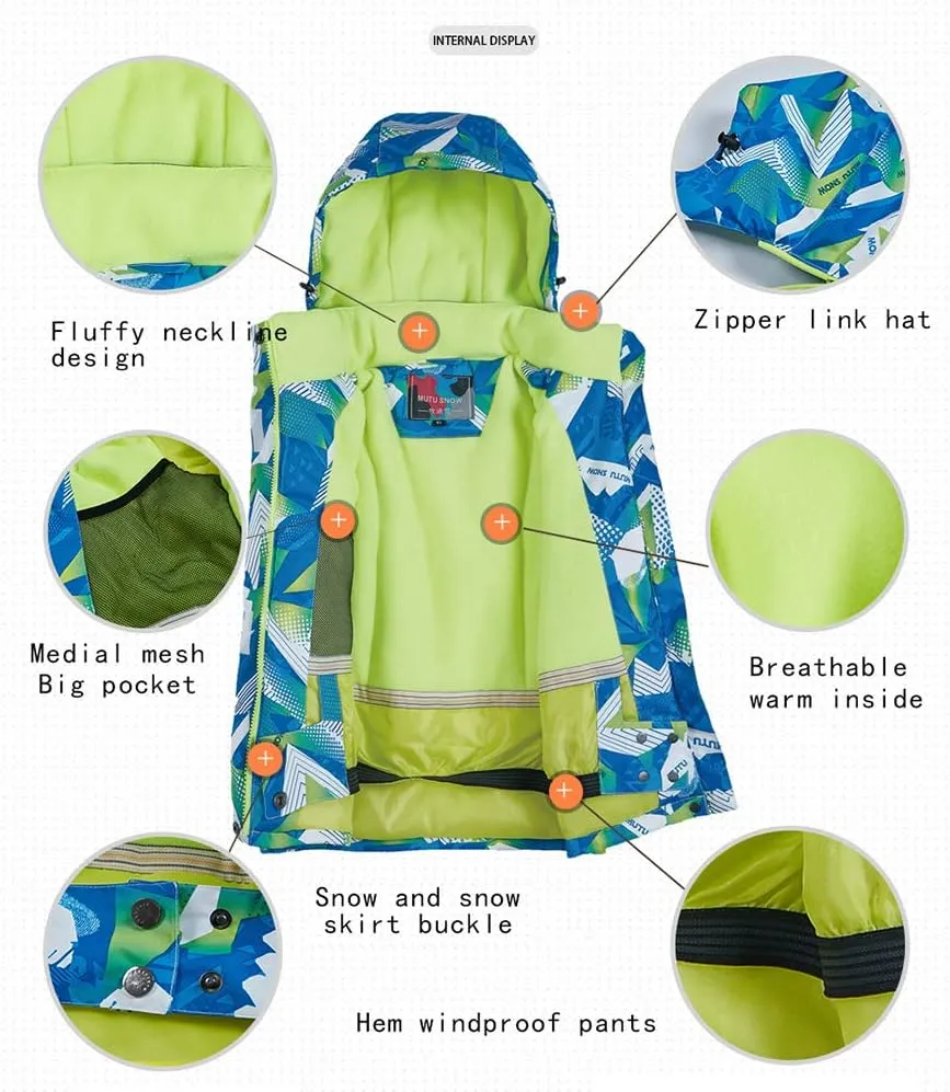Girls/Boys Snowsuits Hooded Insulated Windproof Winer Coats Ski Jacket Snow Pants Set