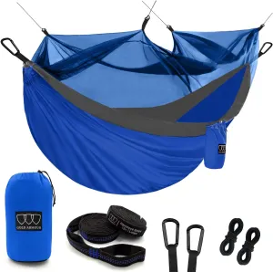 Gold Armour Camping Hammock - Camping Essentials, Double Hammock with Bug Net, Camping Gear Hammock for Outside, Hiking, and Travel (Blue & Gray)