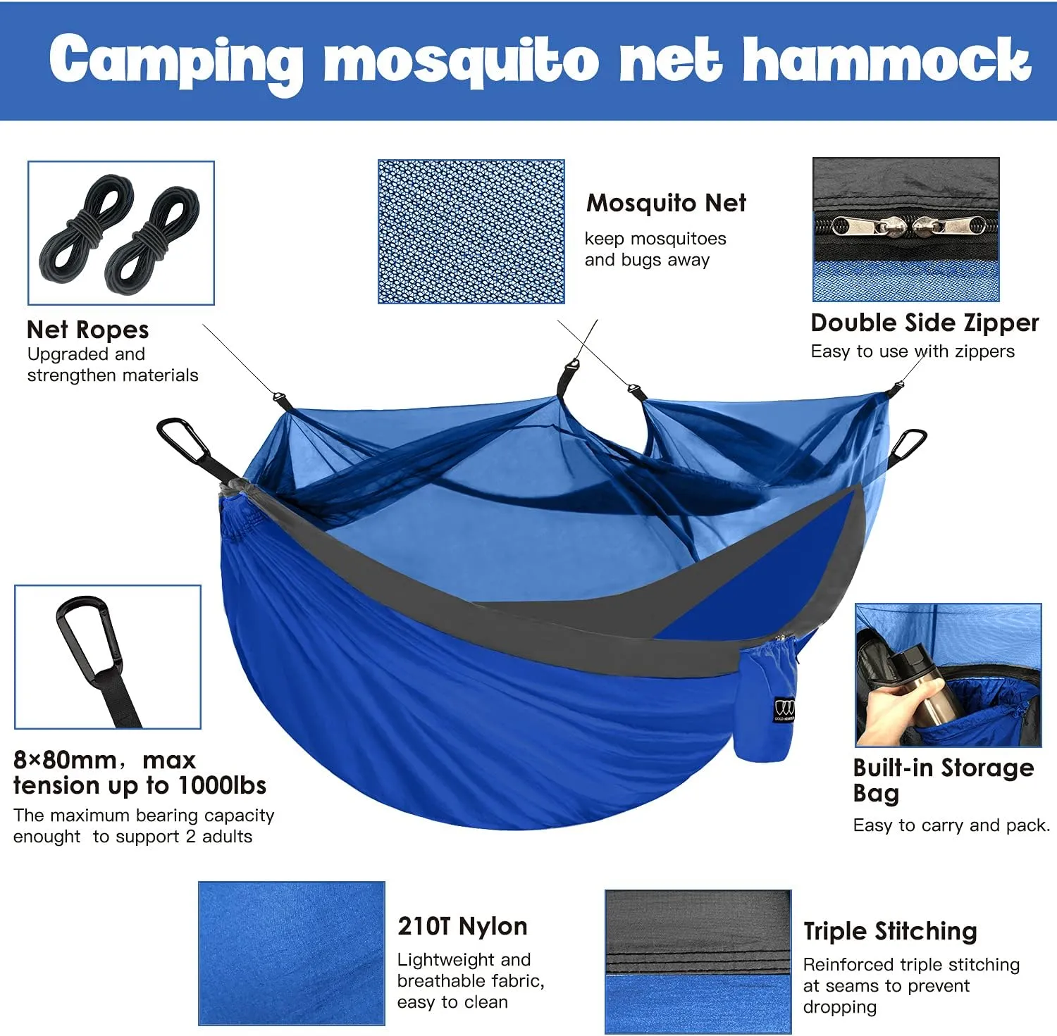 Gold Armour Camping Hammock - Camping Essentials, Double Hammock with Bug Net, Camping Gear Hammock for Outside, Hiking, and Travel (Blue & Gray)