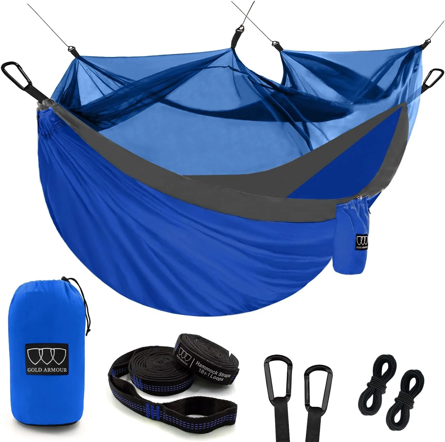 Gold Armour Camping Hammock - Camping Essentials, Double Hammock with Bug Net, Camping Gear Hammock for Outside, Hiking, and Travel (Blue & Gray)