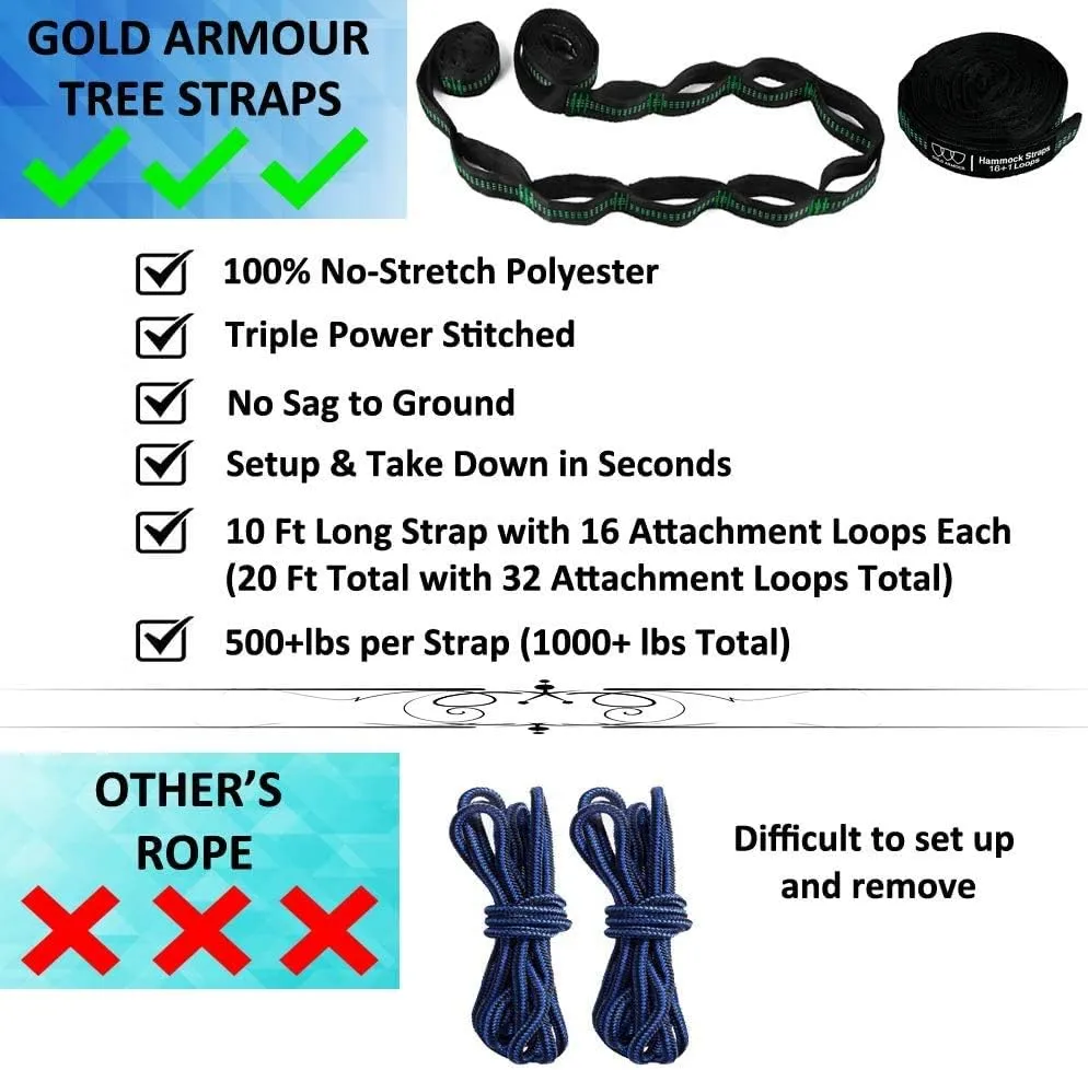 Gold Armour Camping Hammock with Bug Net - XL Double Hammock Portable Hammock Camping Accessories Gear Mosquito Bug Net Set for Outdoor Indoor, USA Based Brand (Green)