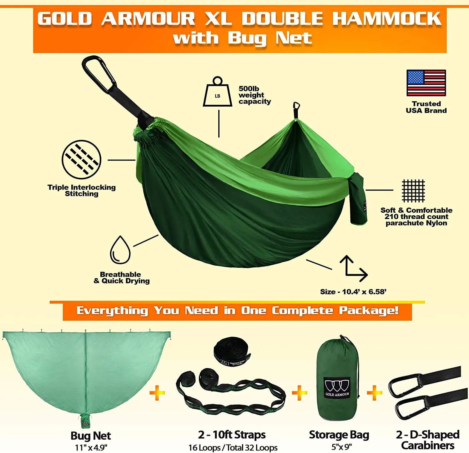 Gold Armour Camping Hammock with Bug Net - XL Double Hammock Portable Hammock Camping Accessories Gear Mosquito Bug Net Set for Outdoor Indoor, USA Based Brand (Green)