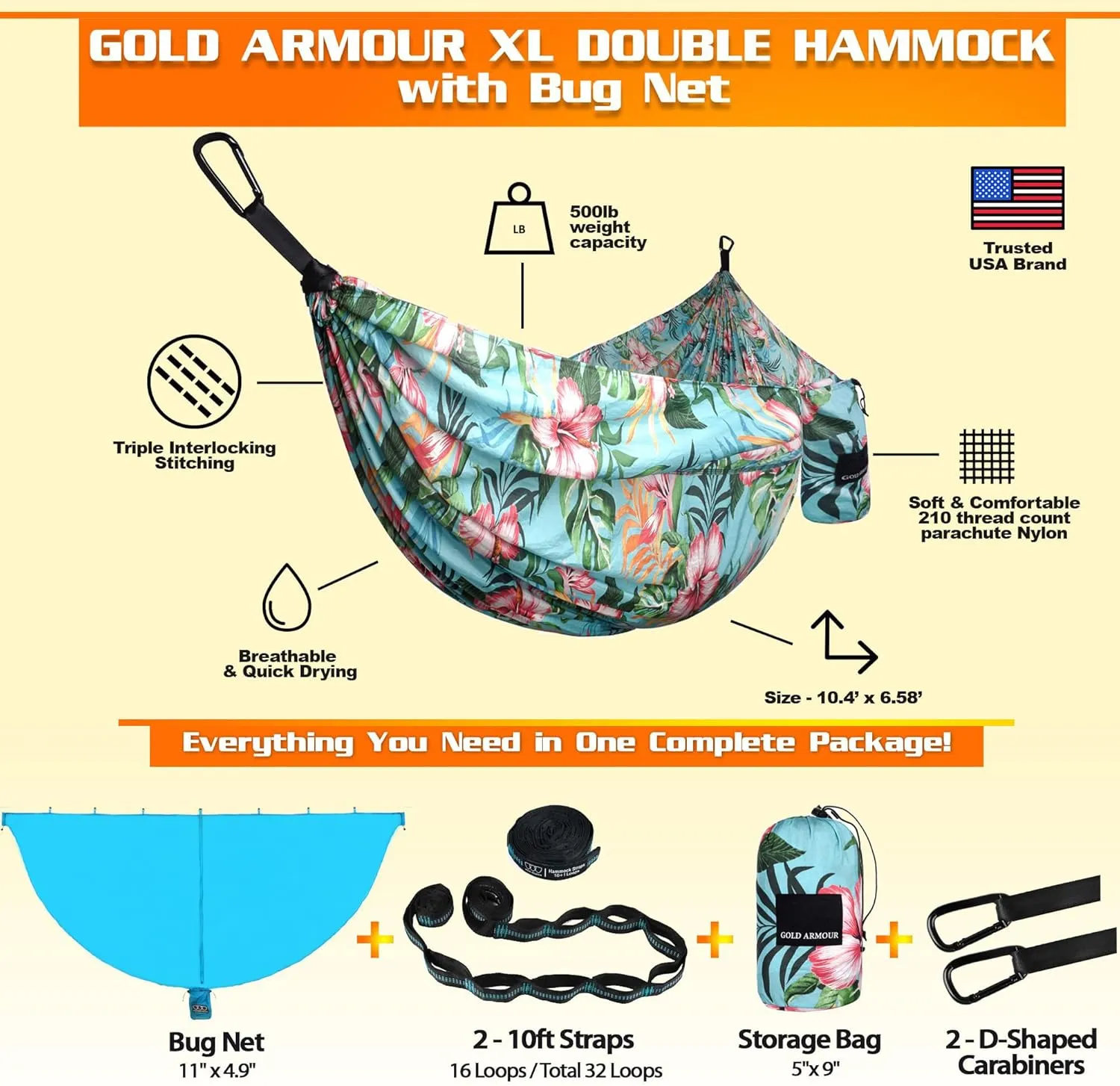 Gold Armour Camping Hammock with Bug Net - XL Double Hammock Portable Hammock Camping Accessories Gear Mosquito Bug Net Set for Outdoor Indoor, USA Based Brand (Hawaiian)