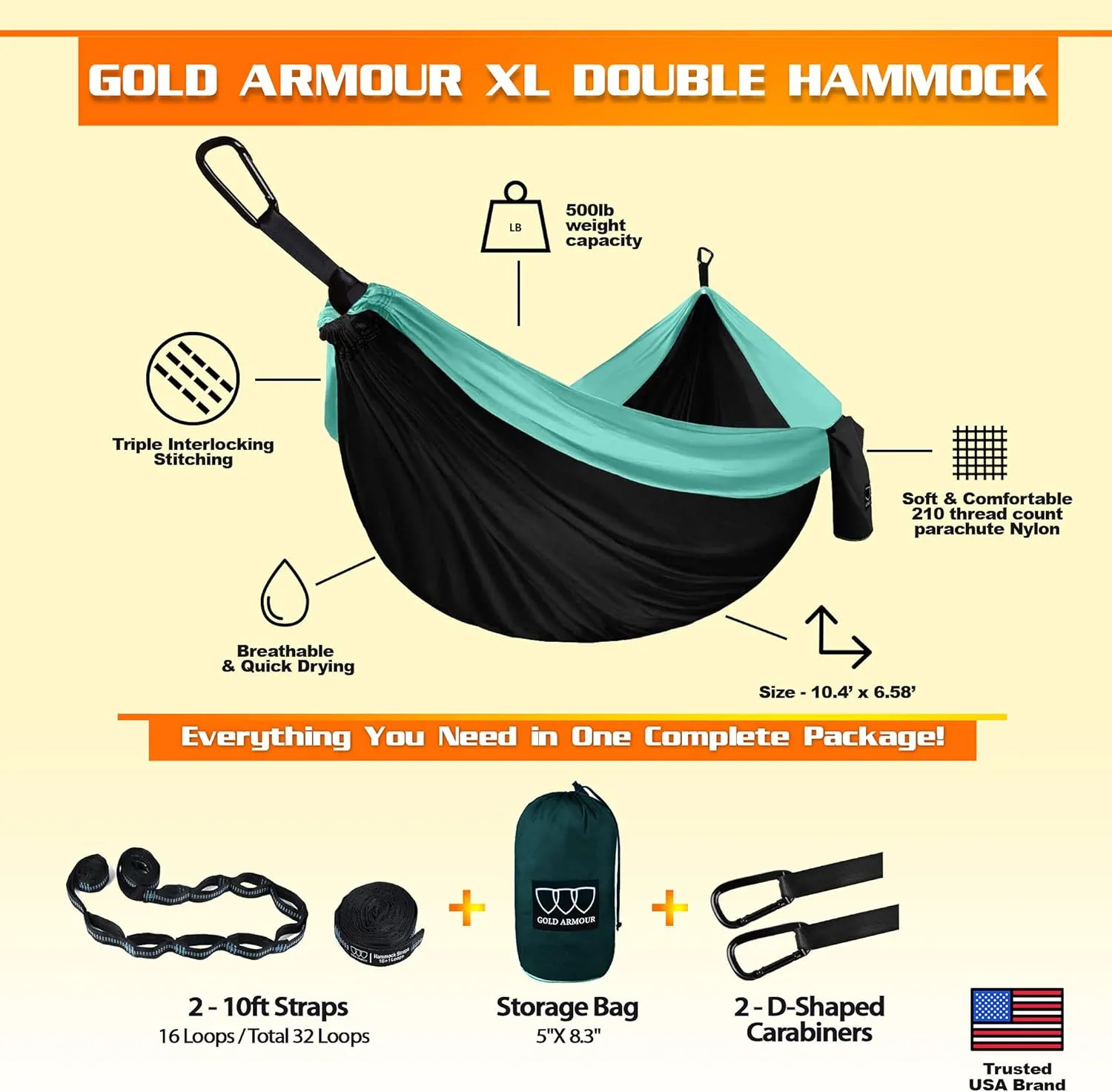 Gold Armour Camping Hammock - XL Double Hammock Portable Hammock Camping Accessories Gear for Outdoor Indoor with Tree Straps, USA Based Brand (Black and Seafoam)