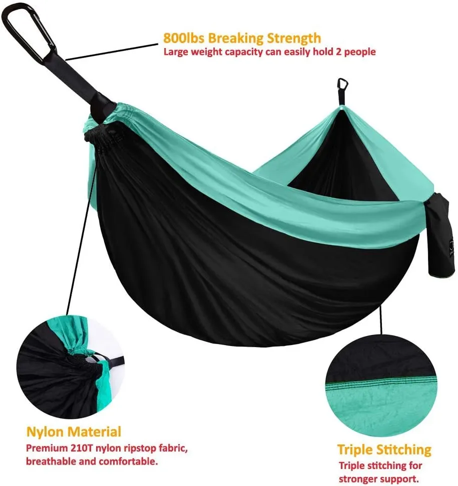 Gold Armour Camping Hammock - XL Double Hammock Portable Hammock Camping Accessories Gear for Outdoor Indoor with Tree Straps, USA Based Brand (Black and Seafoam)