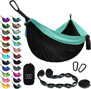 Gold Armour Camping Hammock - XL Double Hammock Portable Hammock Camping Accessories Gear for Outdoor Indoor with Tree Straps, USA Based Brand (Black and Seafoam)
