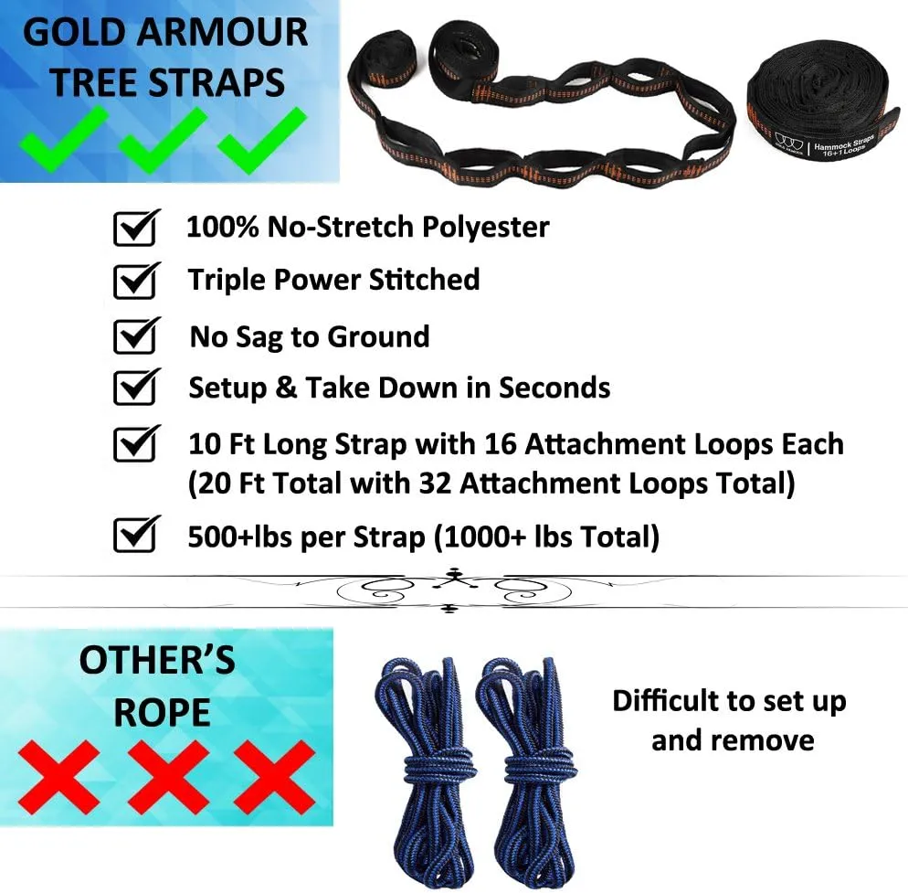 Gold Armour Camping Hammock - XL Double Hammock Portable Hammock Camping Accessories Gear for Outdoor Indoor with Tree Straps, USA Based Brand (Orange and Black)