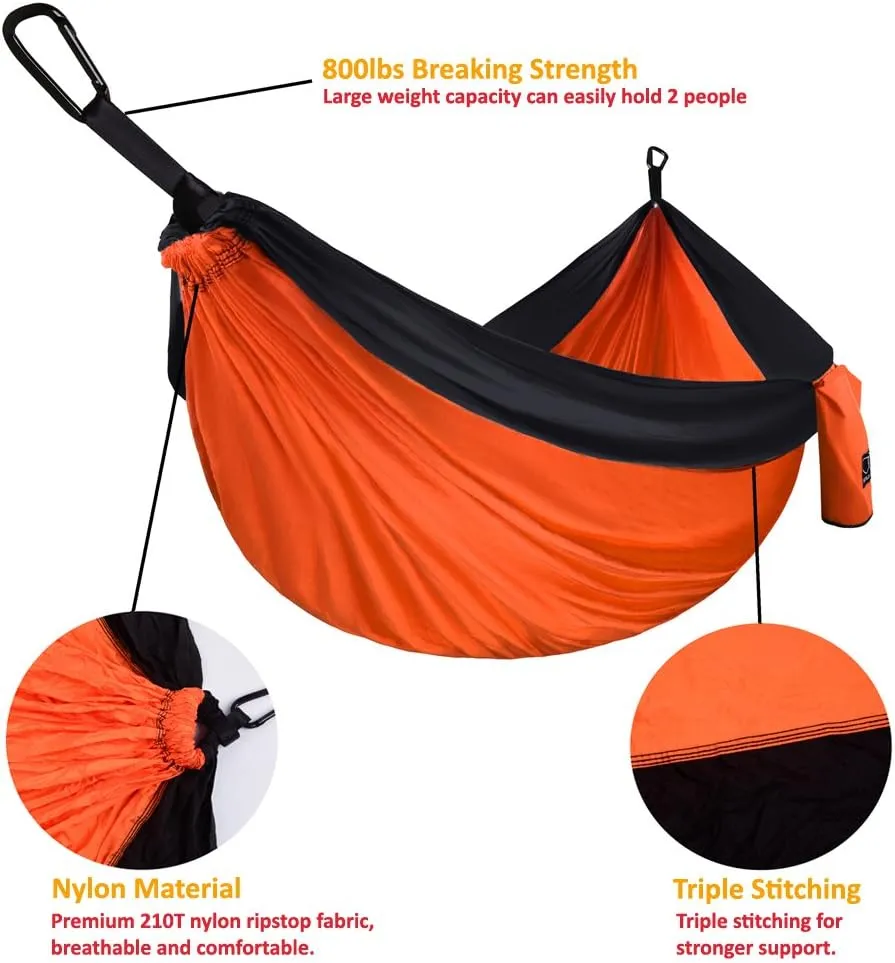 Gold Armour Camping Hammock - XL Double Hammock Portable Hammock Camping Accessories Gear for Outdoor Indoor with Tree Straps, USA Based Brand (Orange and Black)