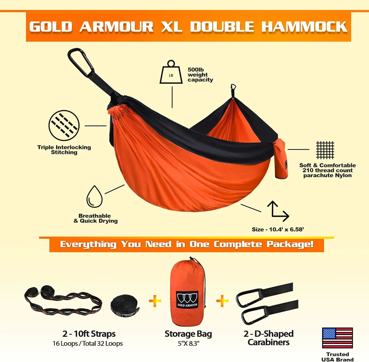 Gold Armour Camping Hammock - XL Double Hammock Portable Hammock Camping Accessories Gear for Outdoor Indoor with Tree Straps, USA Based Brand (Orange and Black)