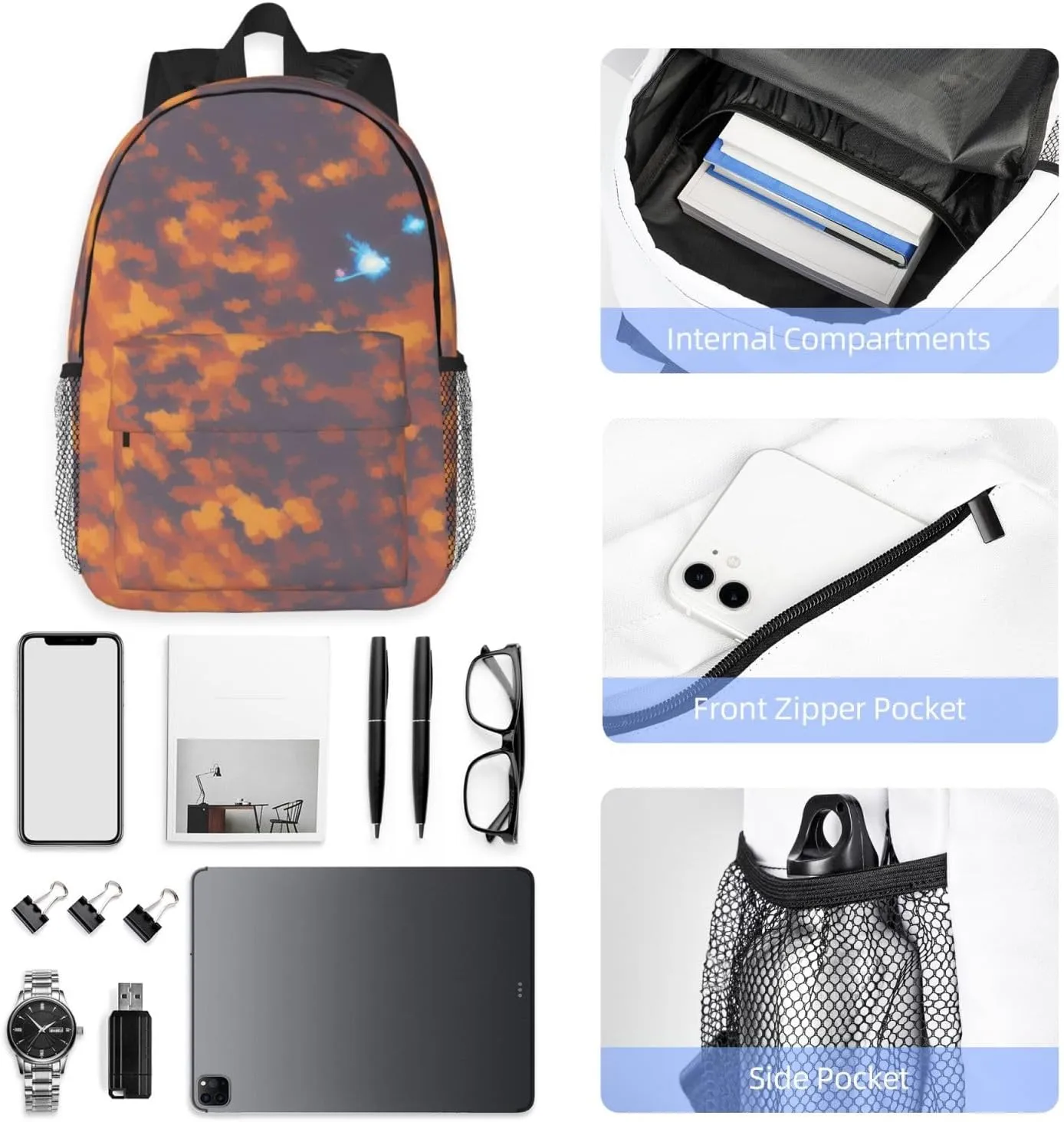 Gold Texture Printed Pattern Backpack Lightweight Casual Backpack Double Shoulder Bag Travel Daypack With Laptop Compartmen