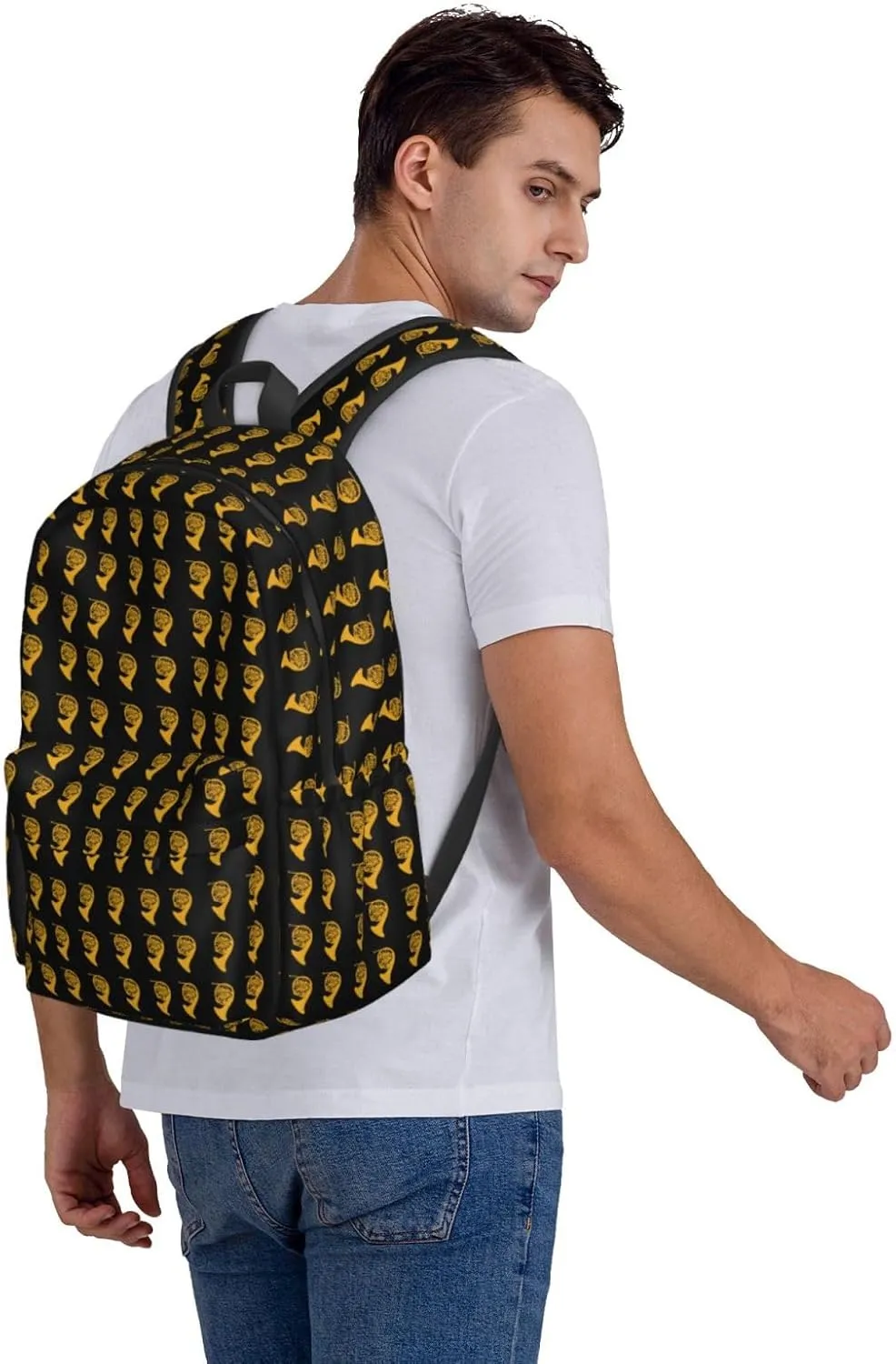 Golden Gold French Horn Backpack Casual Laptop Backpack Large Capacity Double Shoulder Bag Travel Daypack For Women Men