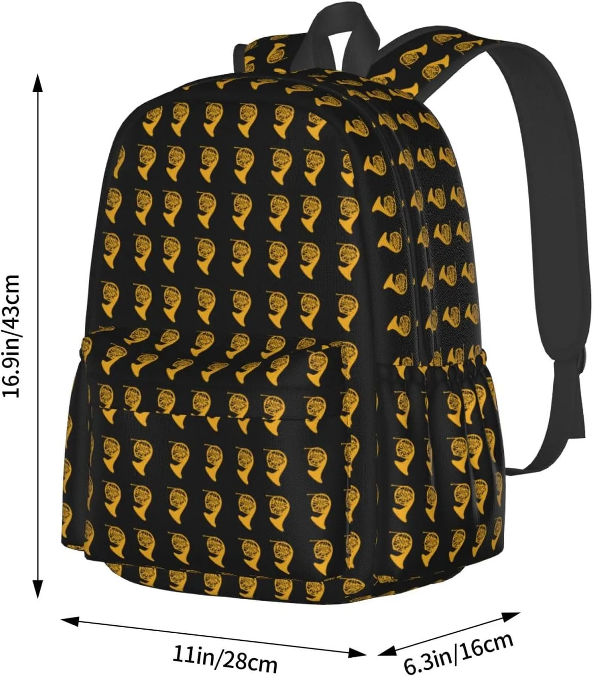 Golden Gold French Horn Backpack Casual Laptop Backpack Large Capacity Double Shoulder Bag Travel Daypack For Women Men