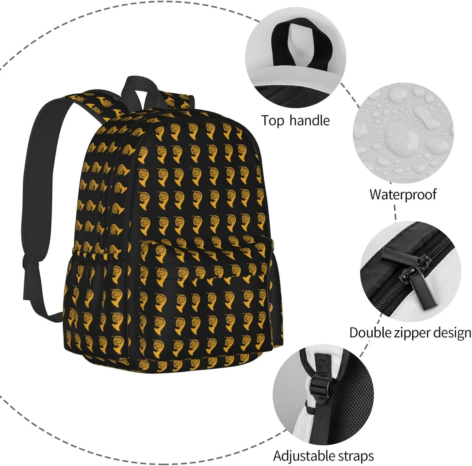 Golden Gold French Horn Backpack Casual Laptop Backpack Large Capacity Double Shoulder Bag Travel Daypack For Women Men