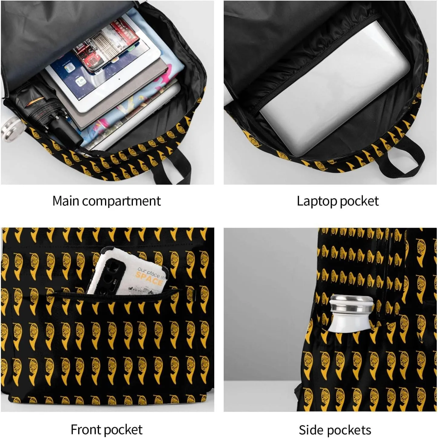 Golden Gold French Horn Backpack Casual Laptop Backpack Large Capacity Double Shoulder Bag Travel Daypack For Women Men