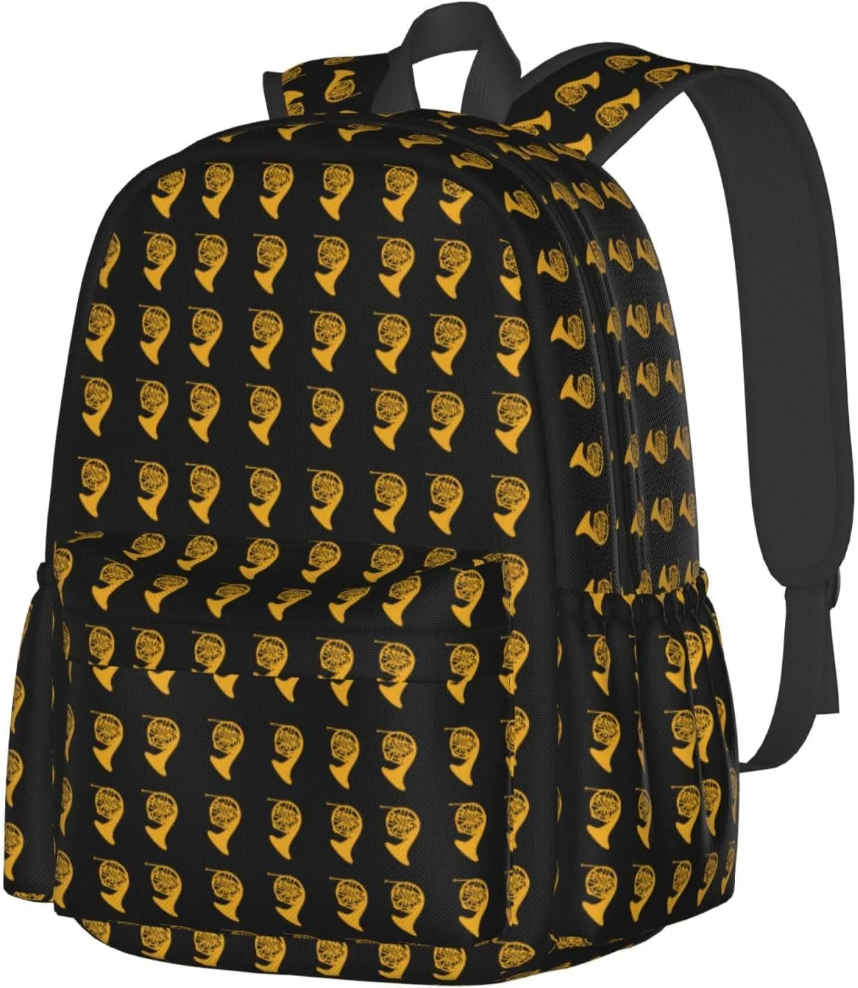Golden Gold French Horn Backpack Casual Laptop Backpack Large Capacity Double Shoulder Bag Travel Daypack For Women Men