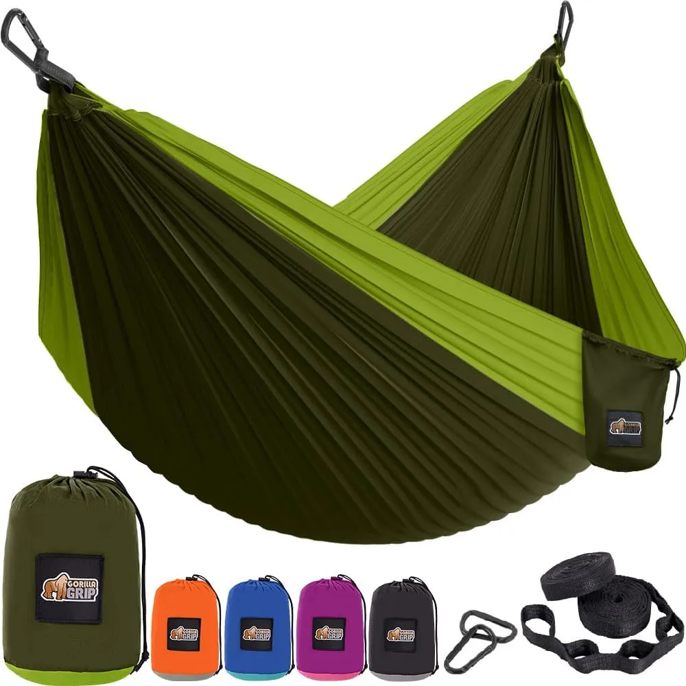 GORILLA GRIP Durable Portable Camping Hammock, Holds 400lbs with Heavy Duty Tree Straps, Comfortable Travel Swing, Camp Hammocks, Easy to Use and Install, Outdoor Essentials, Green, 9x4.5 FT