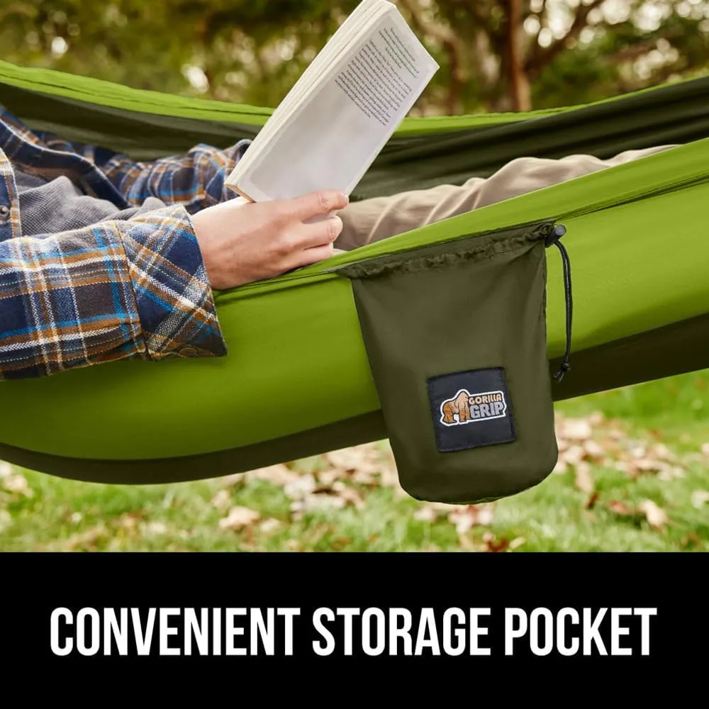 GORILLA GRIP Durable Portable Camping Hammock, Holds 400lbs with Heavy Duty Tree Straps, Comfortable Travel Swing, Camp Hammocks, Easy to Use and Install, Outdoor Essentials, Green, 9x4.5 FT