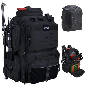 Goture Fishing Backpack, 900D Water-Resistant Tackle Backpack with Rod Holders, 45L Large Fishing Bag Storage Gear Tackle Bag with Rain Cover, Bottle Holder for Travel Camping Hiking