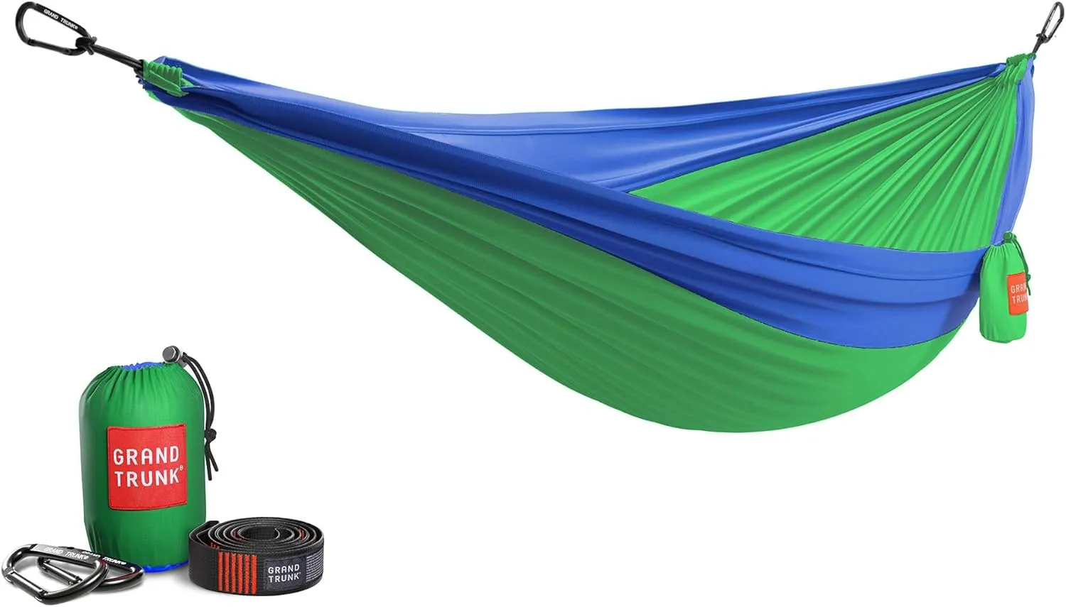 Grand Trunk Double Deluxe Hammock with Hanging Kit - 500lb Capacity Parachute Nylon Hammock for Two, Lightweight & Durable (Lime Green/Blue)