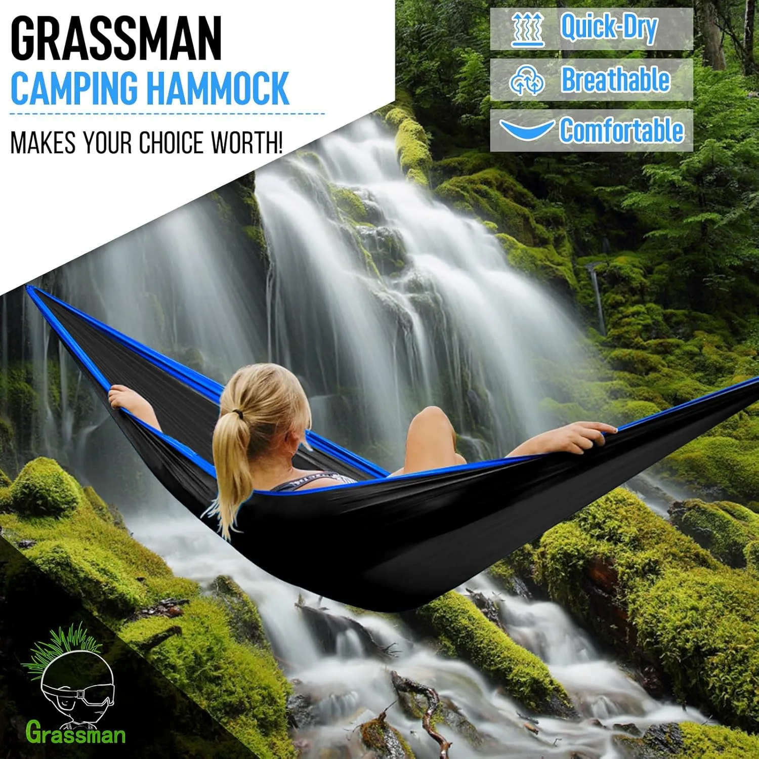 Grassman Camping Hammock Double & Single Portable Hammock with Tree Straps, Lightweight Nylon Parachute Hammocks Camping Accessories Gear for Indoor Outdoor Backpacking, Travel, Hiking, Beach