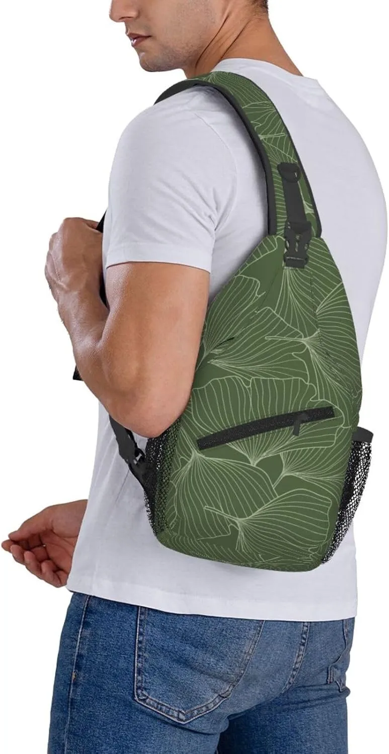 Green Leaf Crossbody Sling Backpack Sling Bag Adjustable Chest Shoulder Daypack For Women Men