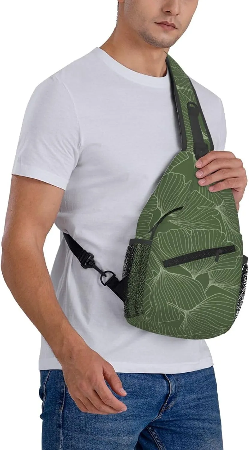 Green Leaf Crossbody Sling Backpack Sling Bag Adjustable Chest Shoulder Daypack For Women Men