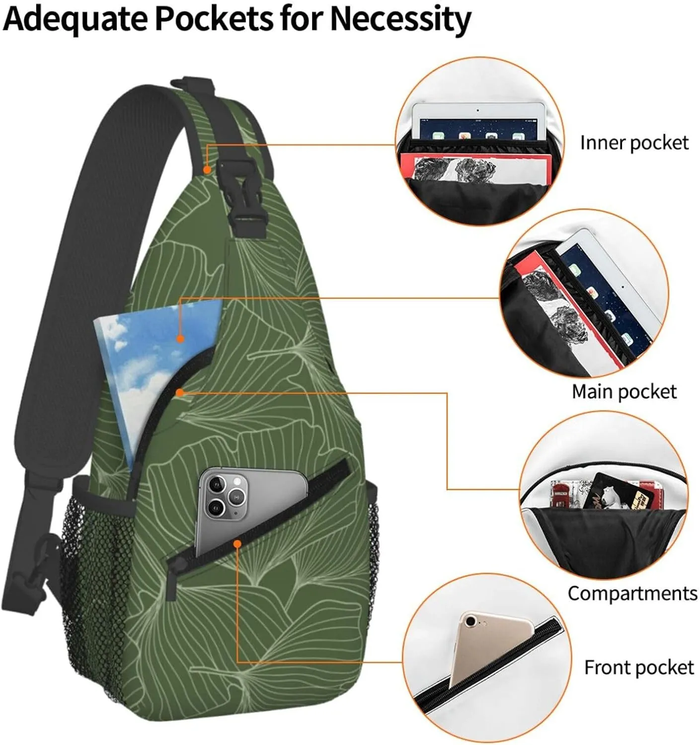 Green Leaf Crossbody Sling Backpack Sling Bag Adjustable Chest Shoulder Daypack For Women Men