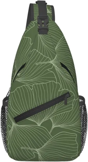 Green Leaf Crossbody Sling Backpack Sling Bag Adjustable Chest Shoulder Daypack For Women Men