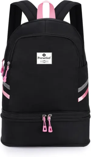 Gym Backpack for Women Foldable Sports Gym Bag w/Shoe Compartment & Wet Pocket Travel Laptop Backpack Casual Daypack, Black pink