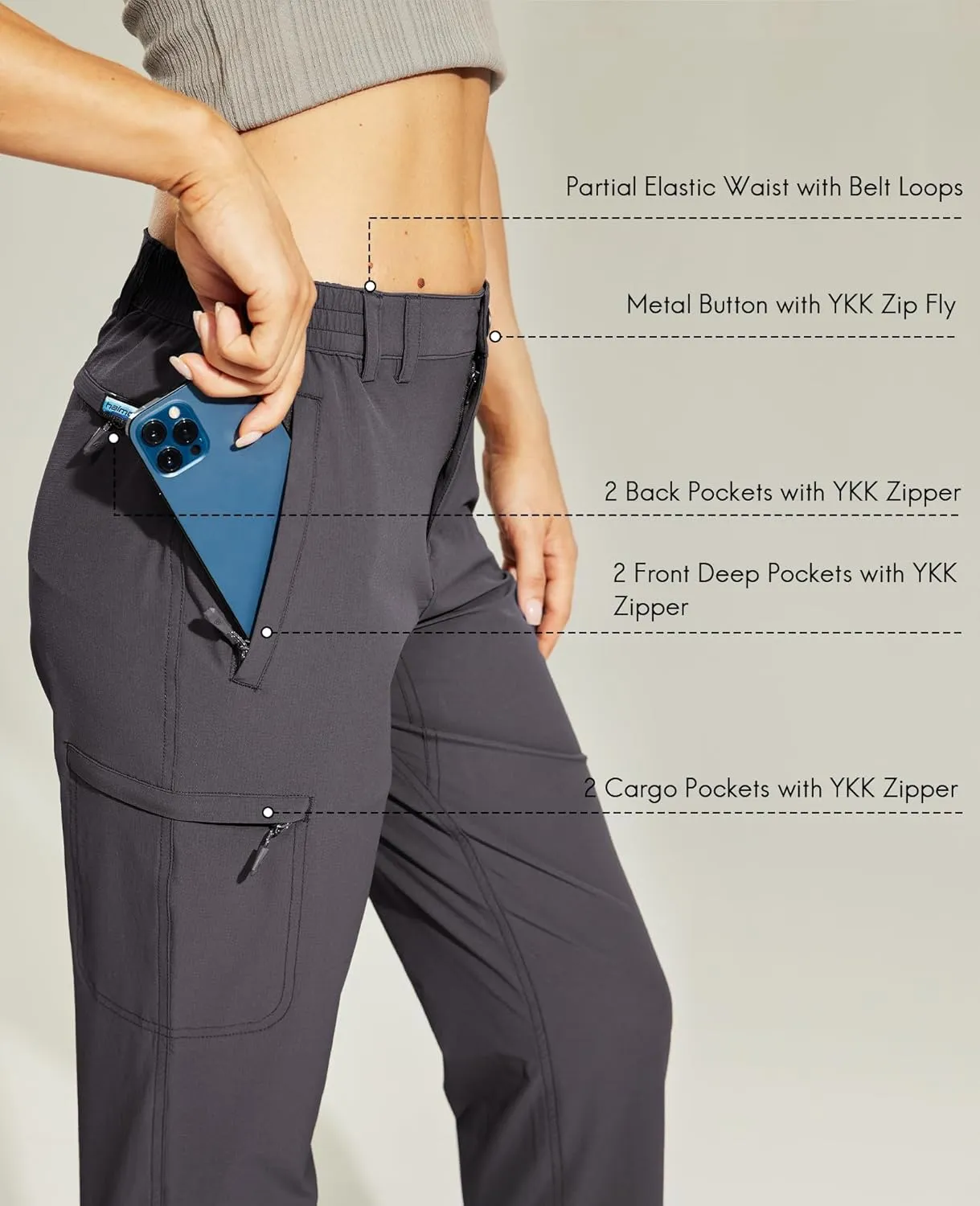 Haimont Women's Hiking Cargo Pants Quick Dry Lightweight Ripstop Stretch Nylon Travel Pants with Zip Pockets Water Repellent