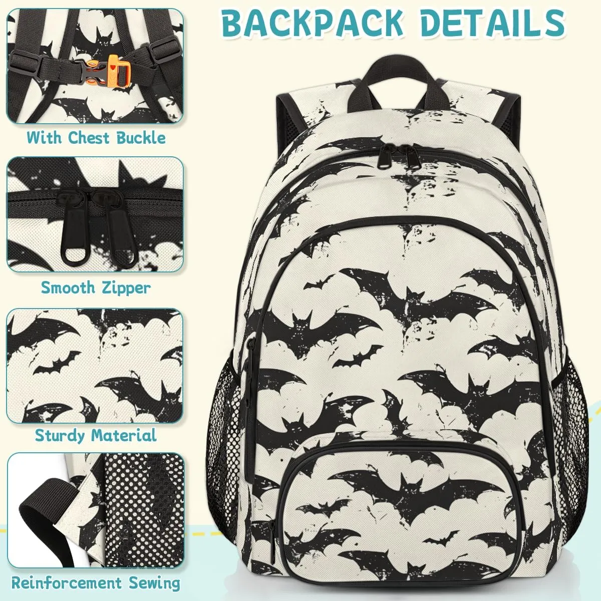 Halloween Bats Carry on Travel Backpack for Women Men Water resistant Lightweight Rucksack Backpack for Weekender Casual Work Hiking Black White Scary